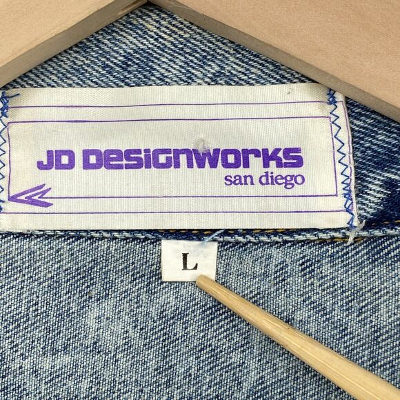 JD DESIGNWORKS Jacket Mens L Painted Applique Denim Trucker Button Up Blue VTG - Picture 7 of 16